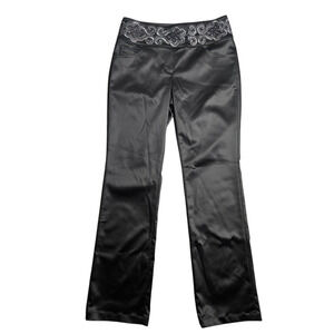 St. John Evening Black Satin Embroidered Waist Pants Size: 8